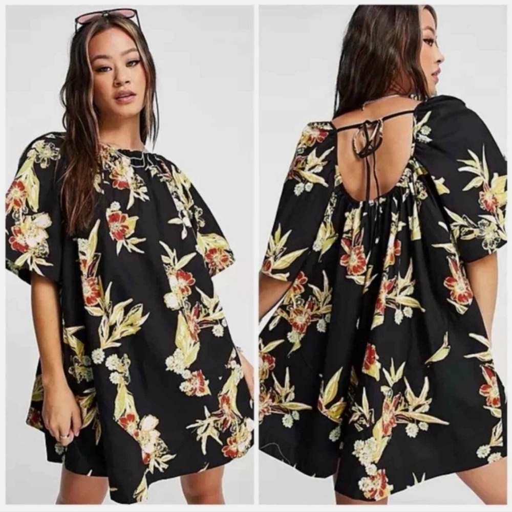 Free People Jodie Black Floral Low Back Mini Dress Tunic Sz S